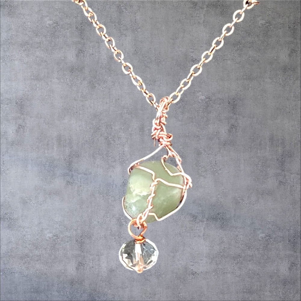 Rose gold plated wire wrapped natural green stone pendant